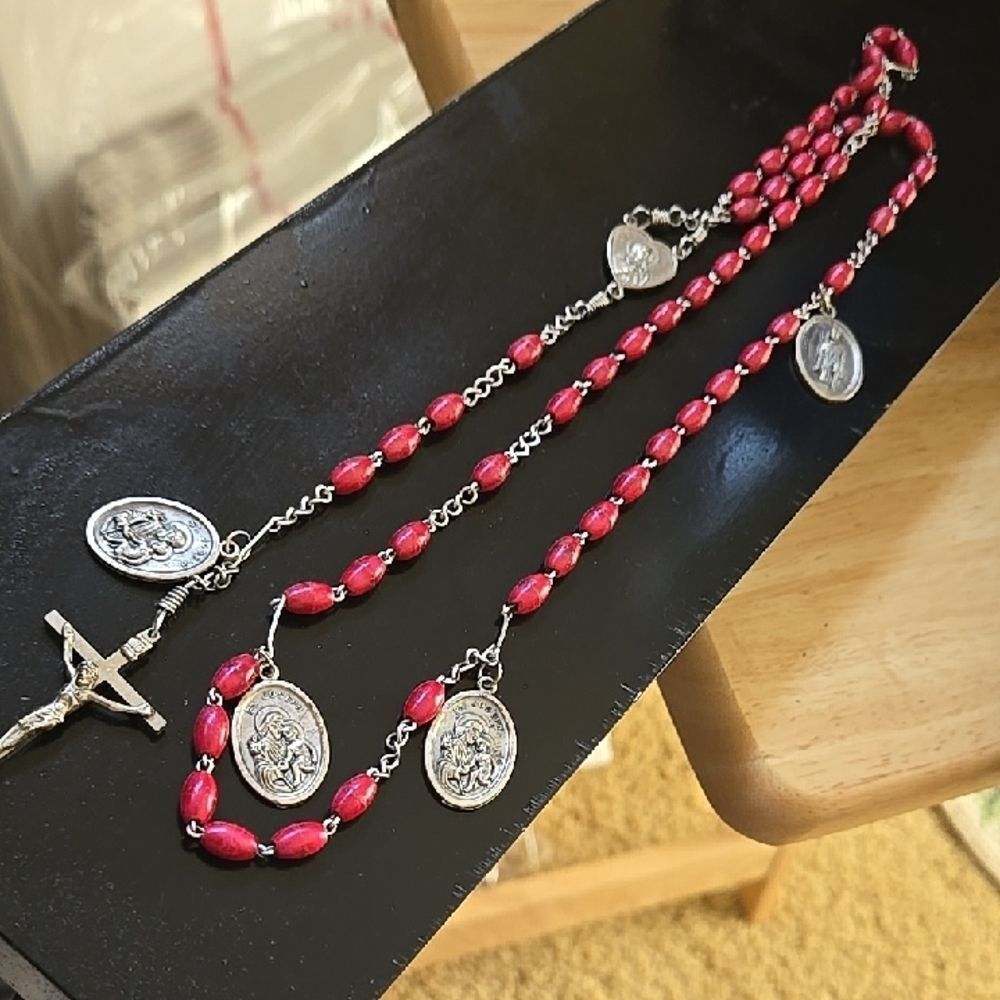 Rosary Silver Tone Red Beaded Necklace Jewelry Unisex Man Women Faith
